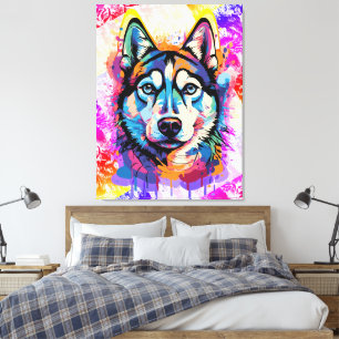 Husky Head - Colourful Husky Dog Painting Canvas Print