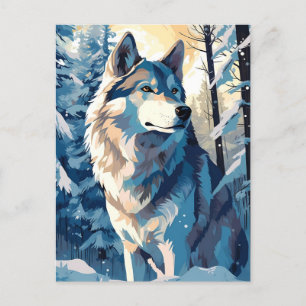 Husky in a snowy forest during winter postcard