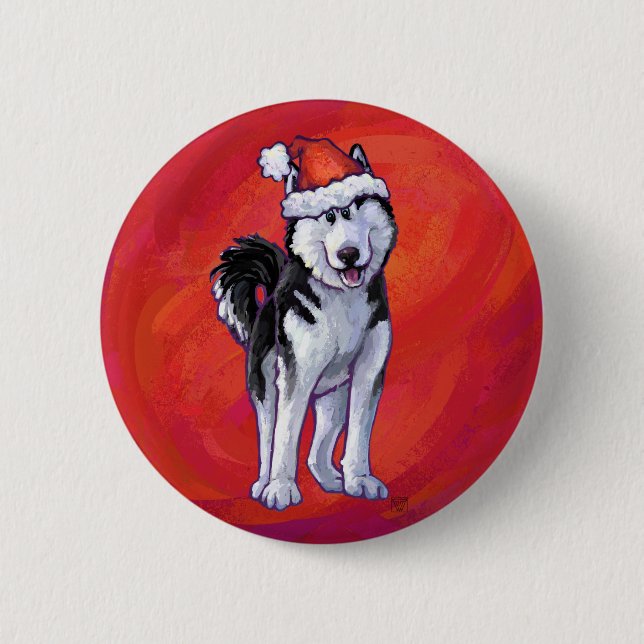 Husky in Santa Hat On Red 2 Inch Round Button (Front)