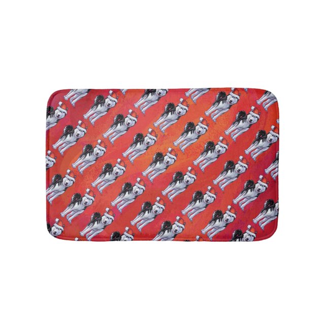 Husky in Santa Hat On Red Bath Mat (Front)