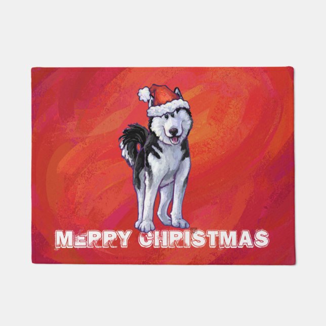 Husky in Santa Hat On Red Doormat (Front)