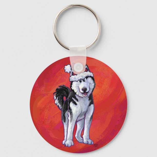 Husky in Santa Hat On Red Keychain (Front)