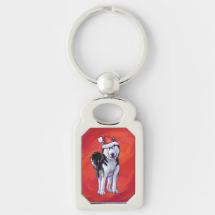 Husky in Santa Hat On Red Keychain