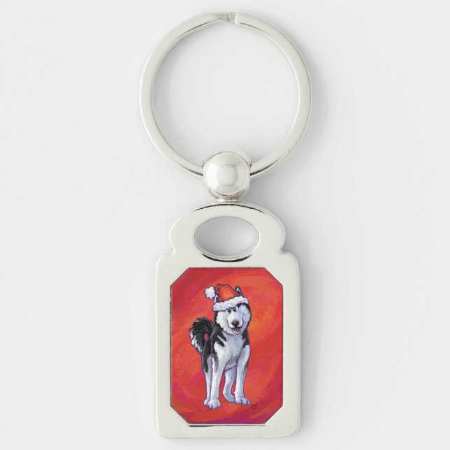 Husky in Santa Hat On Red Keychain (Front)