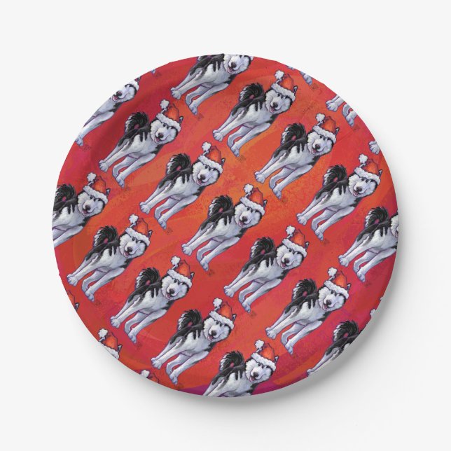 Husky in Santa Hat On Red Paper Plate (Front)