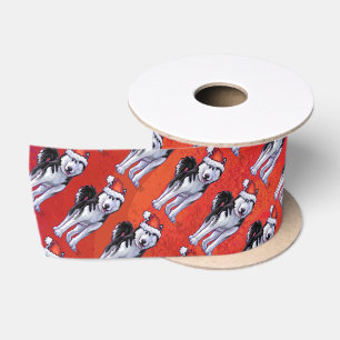 Husky in Santa Hat On Red Satin Ribbon