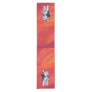 Husky in Santa Hat On Red Short Table Runner