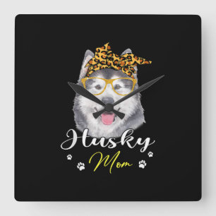 Husky Mom   Leopard Print Dog Lovers Gift Square Wall Clock