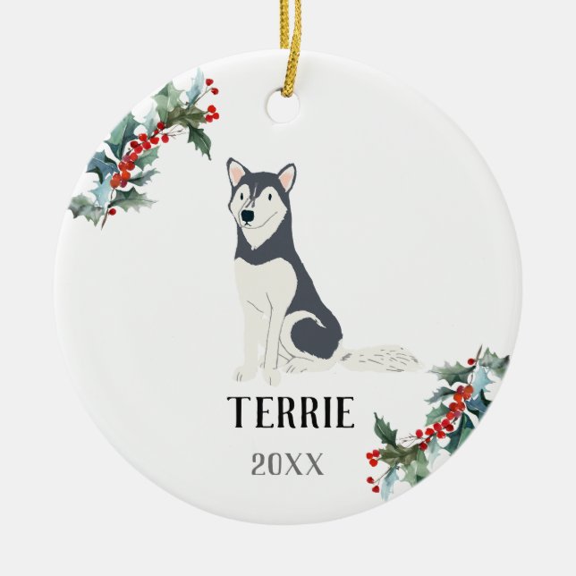 Husky Personalized Christmas Dog Ceramic Ornament (Front)