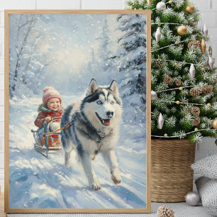 Husky Pulls a Child on a Sled Poster