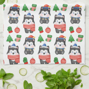 Husky Puppy Dog Santa Festive Holiday Christmas  Kitchen Towel