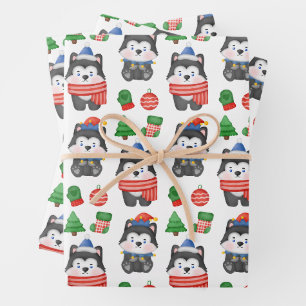 Husky Puppy Dog Santa Festive Holiday Christmas Wrapping Paper Sheet