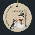 Husky Puppy Heart melting Custom Keepsake Ceramic Ornament<br><div class="desc">A adorable watercolor husky puppy and snowman makes these custom Christmas ornaments a heart warming keepsake gift. Easily customize to make a special gift this Christmas.</div>