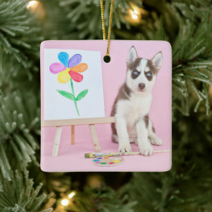 Husky Puppy Painting a Rainbow Flower Ceramic Ornament