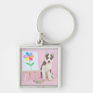 Husky Puppy Painting a Rainbow Flower Keychain