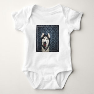 Husky Puppy Posing with a Dark Bakground Baby Bodysuit
