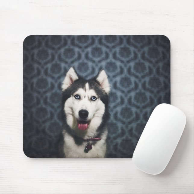 Husky Puppy Posing with a Dark Bakground Mouse Pad (With Mouse)
