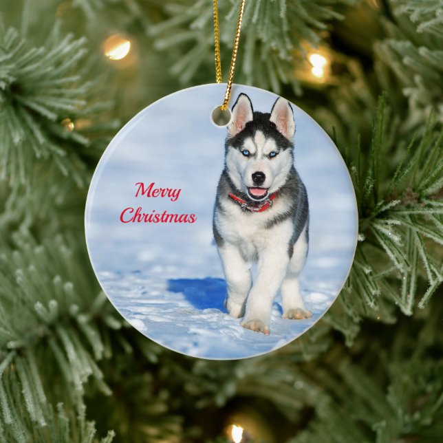 Husky Puppy Snow Photo Christmas Ceramic Ornament (Tree)