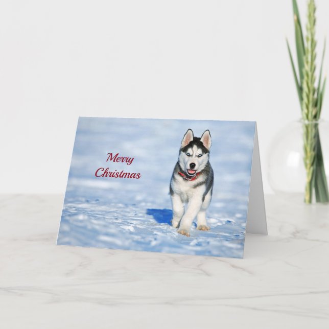 Husky Puppy Snow Photo Christmas Holiday Card (Front)