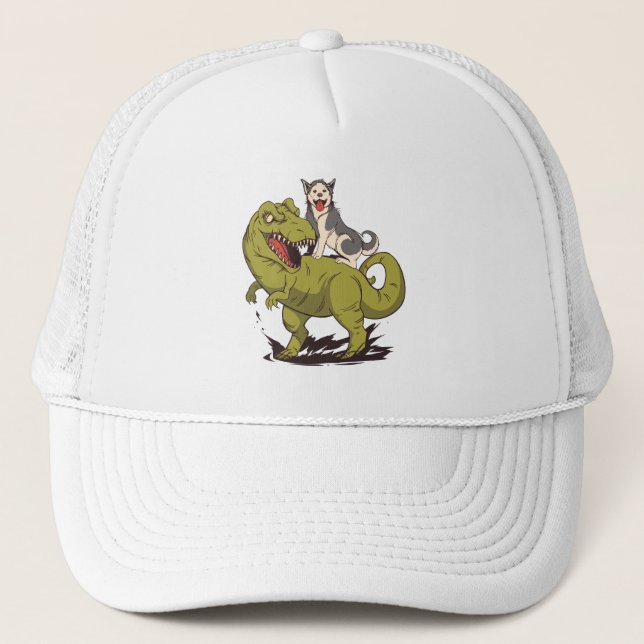 HUSKY RIDING DINOSAUR TRUCKER HAT (Front)