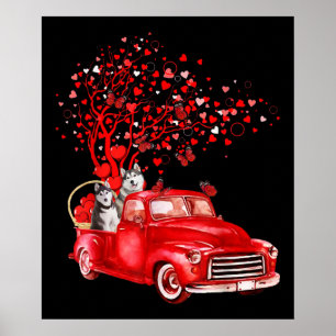 Husky Riding Red Truck Valentine Butterfly Heart Poster