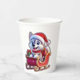 Husky Riding Santa’s Sleigh – Cute 3D Christmas Ca Paper Cups