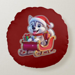 Husky Riding Santa’s Sleigh – Cute 3D Christmas Ca Round Pillow