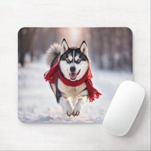 Husky Running With Red Scarf Mouse Pad