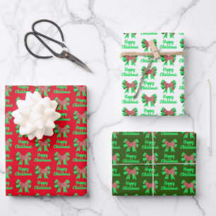 Husky Siberian Christmas Dog & Green Bow 3 Color Wrapping Paper Sheet
