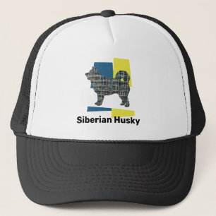 Husky Siberian Cute Dog Silhouette Tricolour Grid Trucker Hat