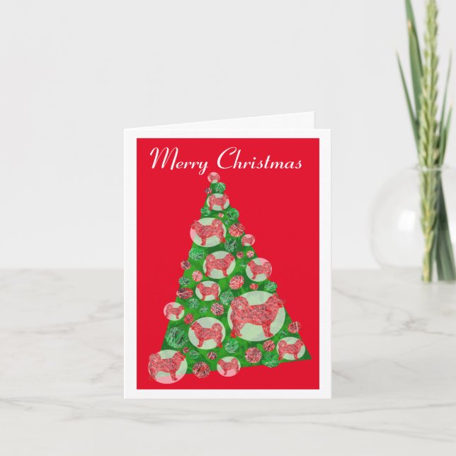 Husky Siberian Dog Silhouette Christmas Tree Red Card (Front)