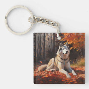 Husky sibérien dans les feuilles d'automne qui tom