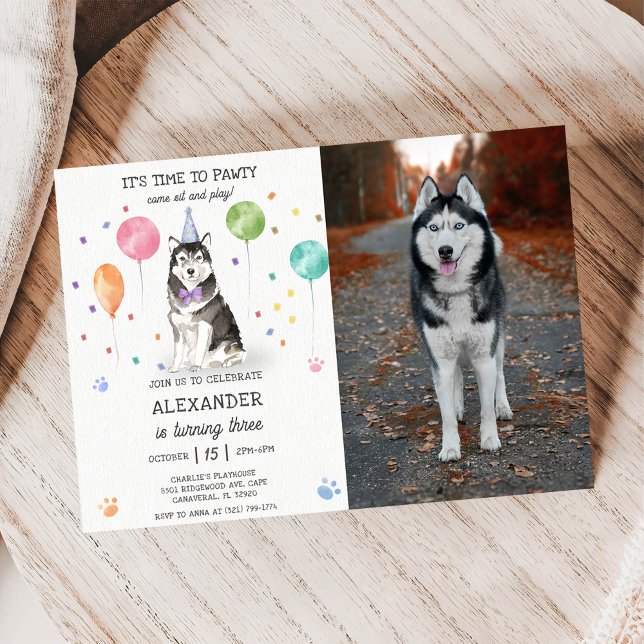 Husky Sibir Dog Pawty Puppy Birthday Pink  Invitation (Creator Uploaded)