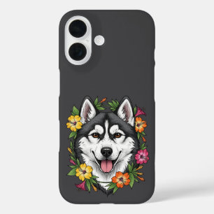 Husky Sled Dog And Colourful Mirablis Flowers iPhone 16 Case