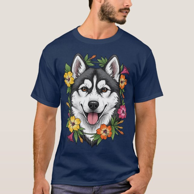 Husky Sled Dog And Colourful Mirablis Flowers T-Shirt (Front)