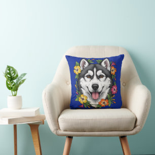 Husky Sled Dog And Colourful Mirablis Flowers Throw Pillow