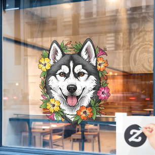 Husky Sled Dog And Colourful Mirablis Flowers Window Cling