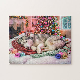 Husky Sleeping in Cozy Christmas Scene Jigsaw Puzzle