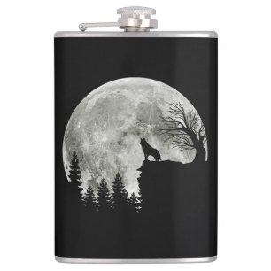 Husky Stand On Mountain Spooky Halloween Moon Hip Flask