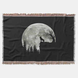 Husky Stand On Mountain Spooky Halloween Moon Throw Blanket