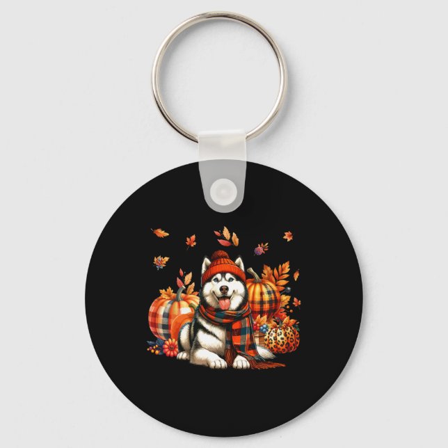 Husky Thanksgiving Leopard Pumpkins Fall Leaves Lo Keychain (Front)