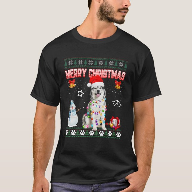 Husky Ugly Xmas Sweater Christmas Lights Santa Dog (Front)