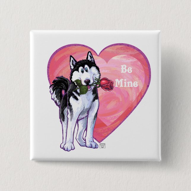 Husky Valentine's Day 2 Inch Square Button (Front)