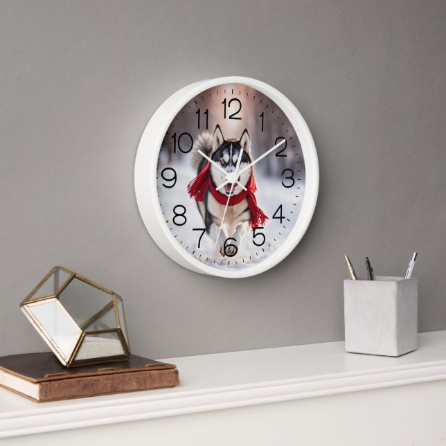 Husky Wearing A Red Winter Scarf Clock (Office)