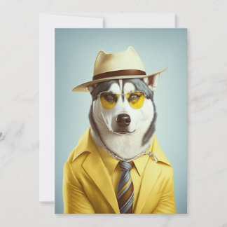 Husky Wearing Yellow Suit, Hat, Sunglasses Holiday Card