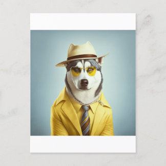 Husky Wearing Yellow Suit, Hat, Sunglasses Postcard