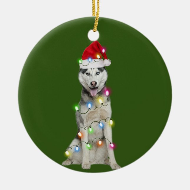 husky With Christmas Scafts Santa Hat Gift Ceramic Ornament (Front)