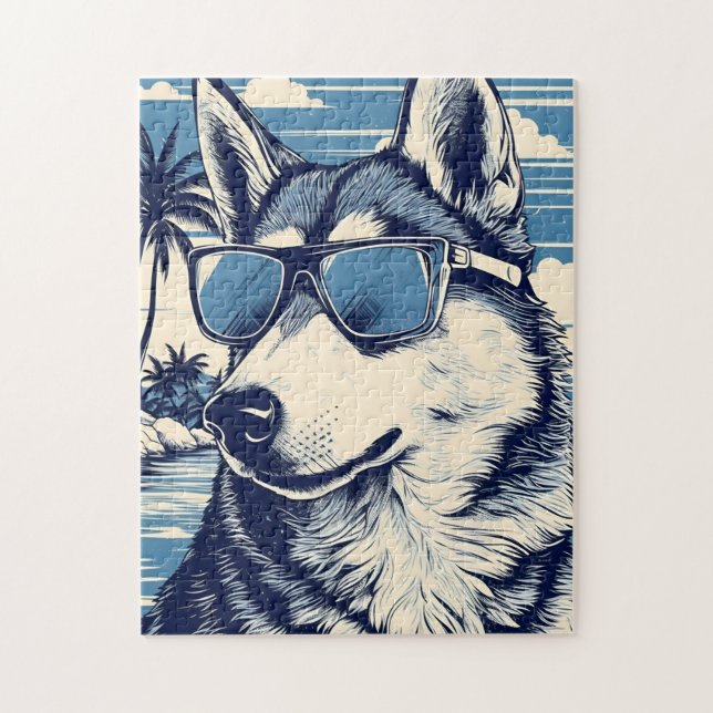Husky with Sunglasses at the beach Jigsaw Puzzle (Vertical)