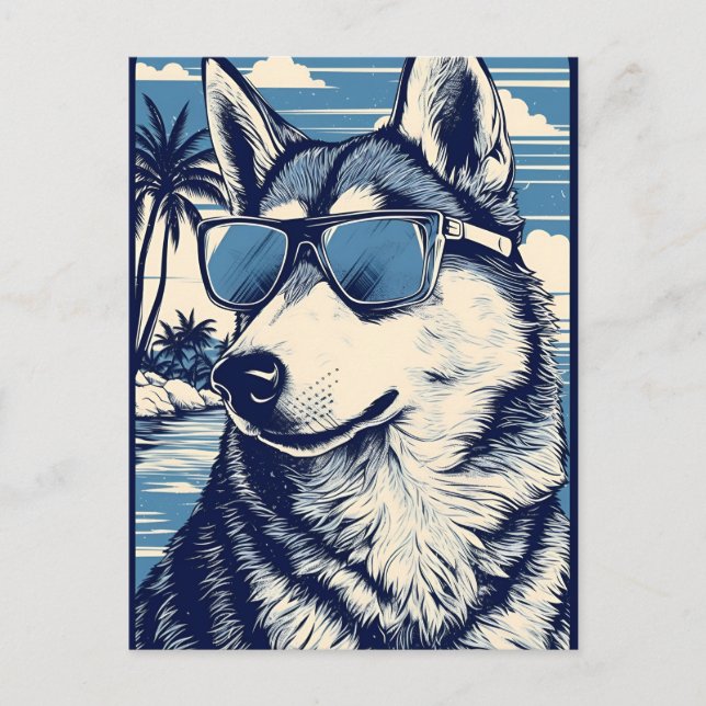 Husky with Sunglasses at the beach Postcard (Front)