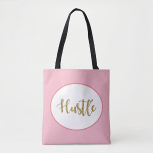 Hustle, gold glitter, pink, stylish and modern tote bag